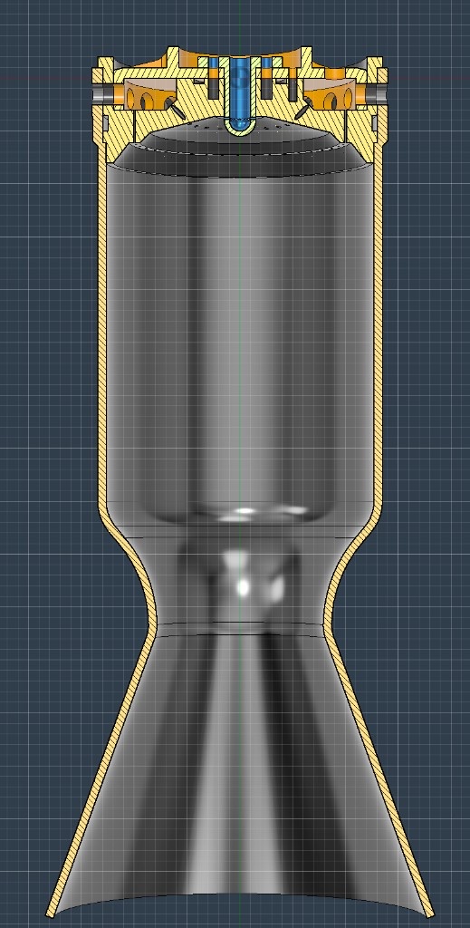 CAD cross-section of rocket engine nozzle and combustion chamber