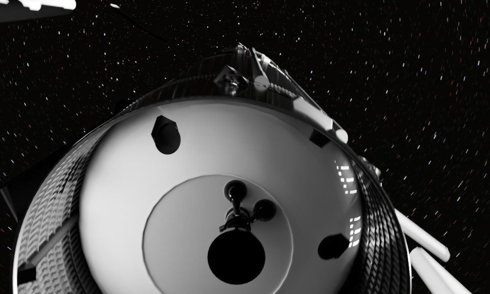 Spacecraft render from below against a starfield