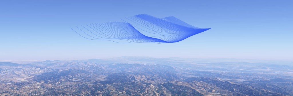 Blue trajectory mesh overlay above arid mountain landscape