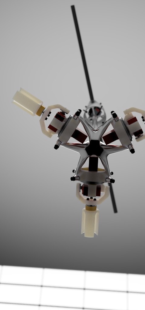 Close-up render of three-arm TV3 hub with red actuators