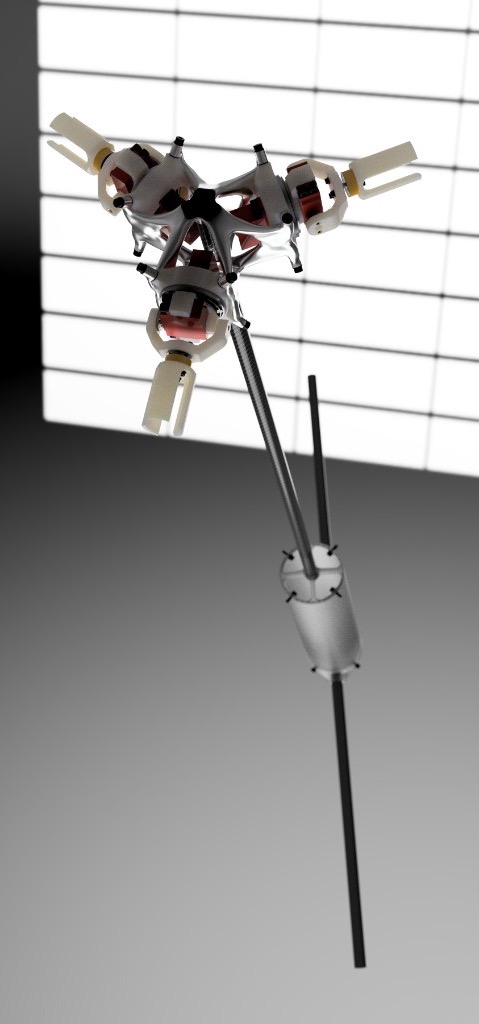 Perspective render of TV3 hub assembly with carbon fiber shaft