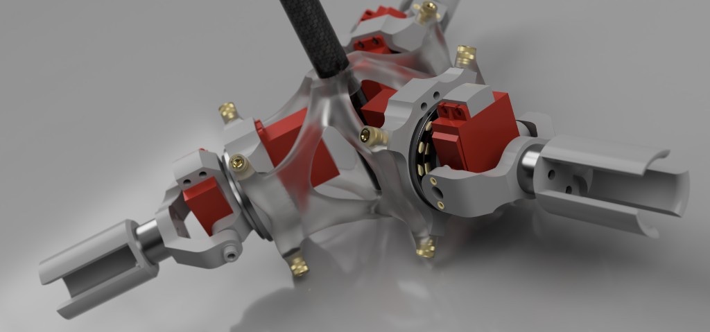 Rendered three-arm mechanical hub with servo actuators