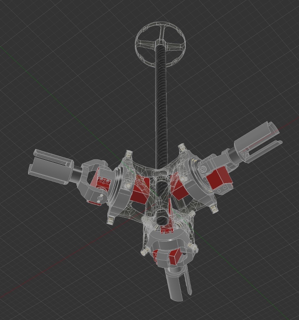 CAD model of three-arm thrust vector control hub assembly